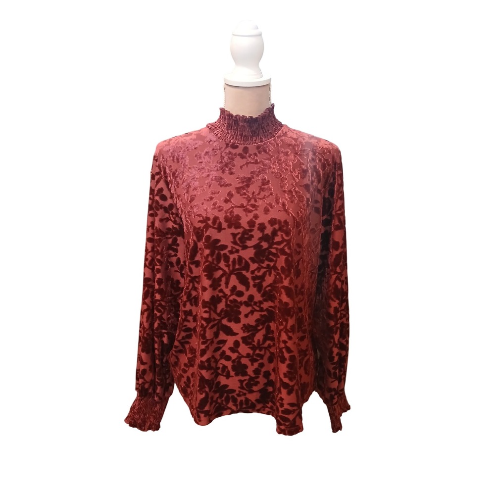 Maurices Womens Burnout Velvet Floral Mock Neck Top Burgundy Wine XL NEW